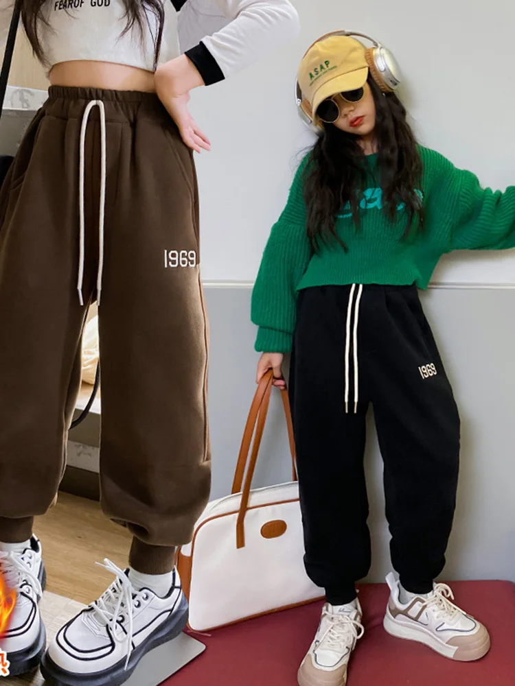 

Girls' Letter Embroidered Autumn and Winter Plush Trousers Korean Version of Sports Letters Pants for Middle and Large Children