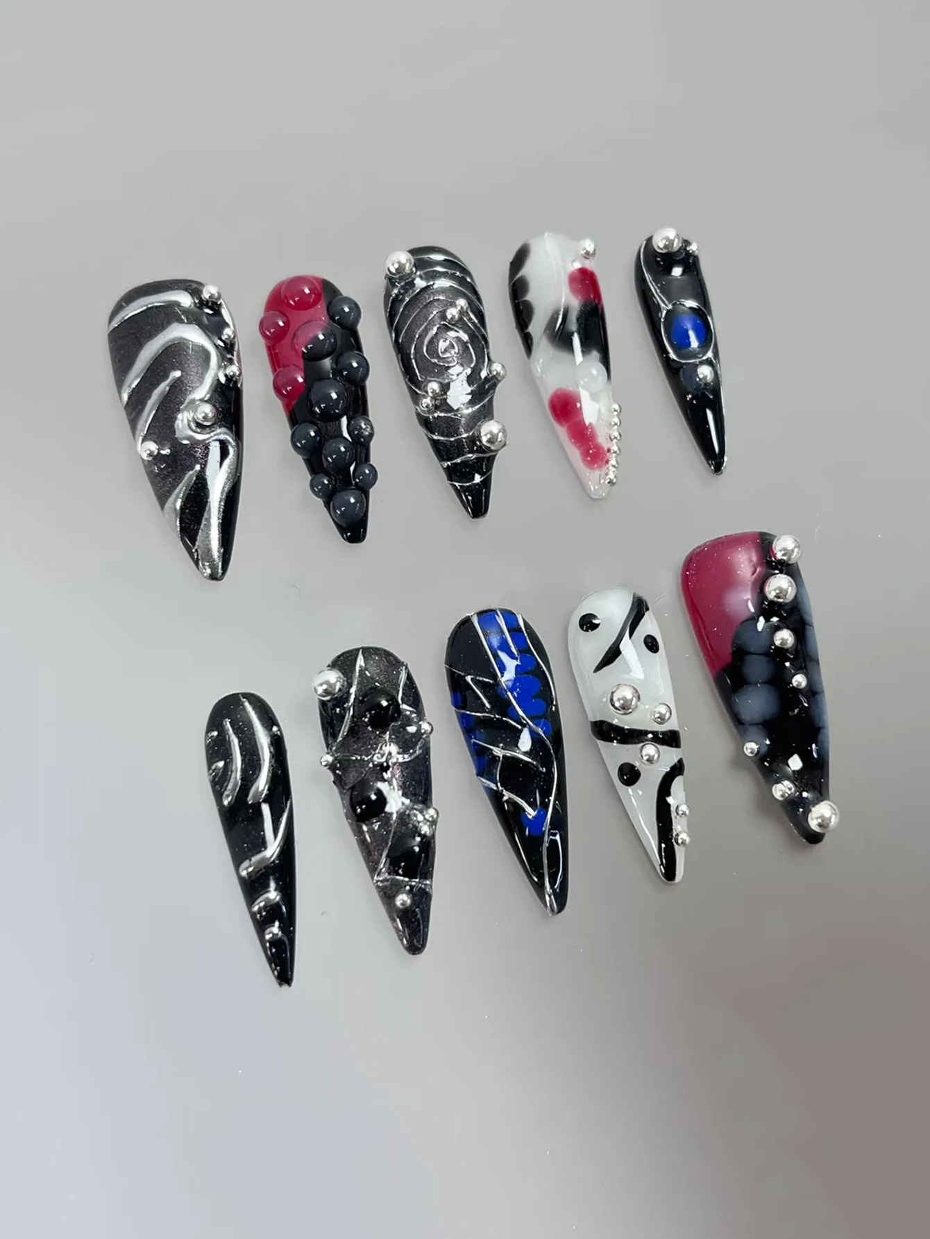 10-Piece Handcrafted Press-On Nail Set – Long Stiletto Shape – Featuring Color-Block Graffiti, Swirls, Liquid Metal, and Gemston