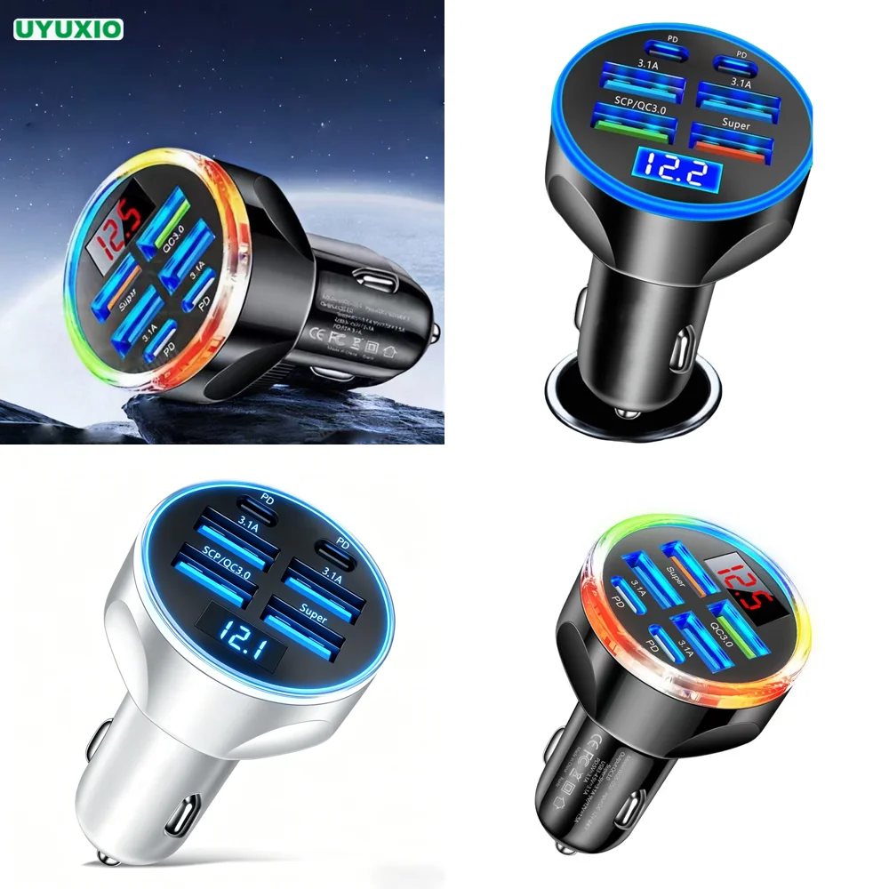 6 in 1 Super Fast Charge USB C Car Charger Adapter with Voltmeter Multi Port with Voltage Display for iPhone Samsung New 2026