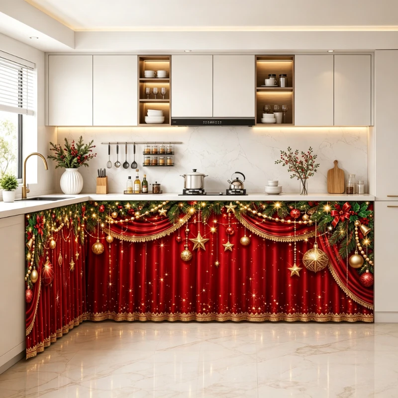 Christmas Style Kitchen Cabinet Curtain Xmas Santa Snowman Dustproof Table Skirt Cover for Sink Storage Shelf Home Party Decor