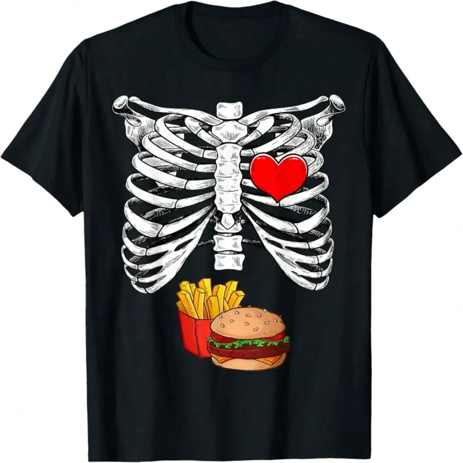 Skeleton Rib Burger Fries T-shirt Neutral Fun Skeleton Heart Pattern T-shirt Halloween Gourmet Lover Printed Short Sleeve Casual