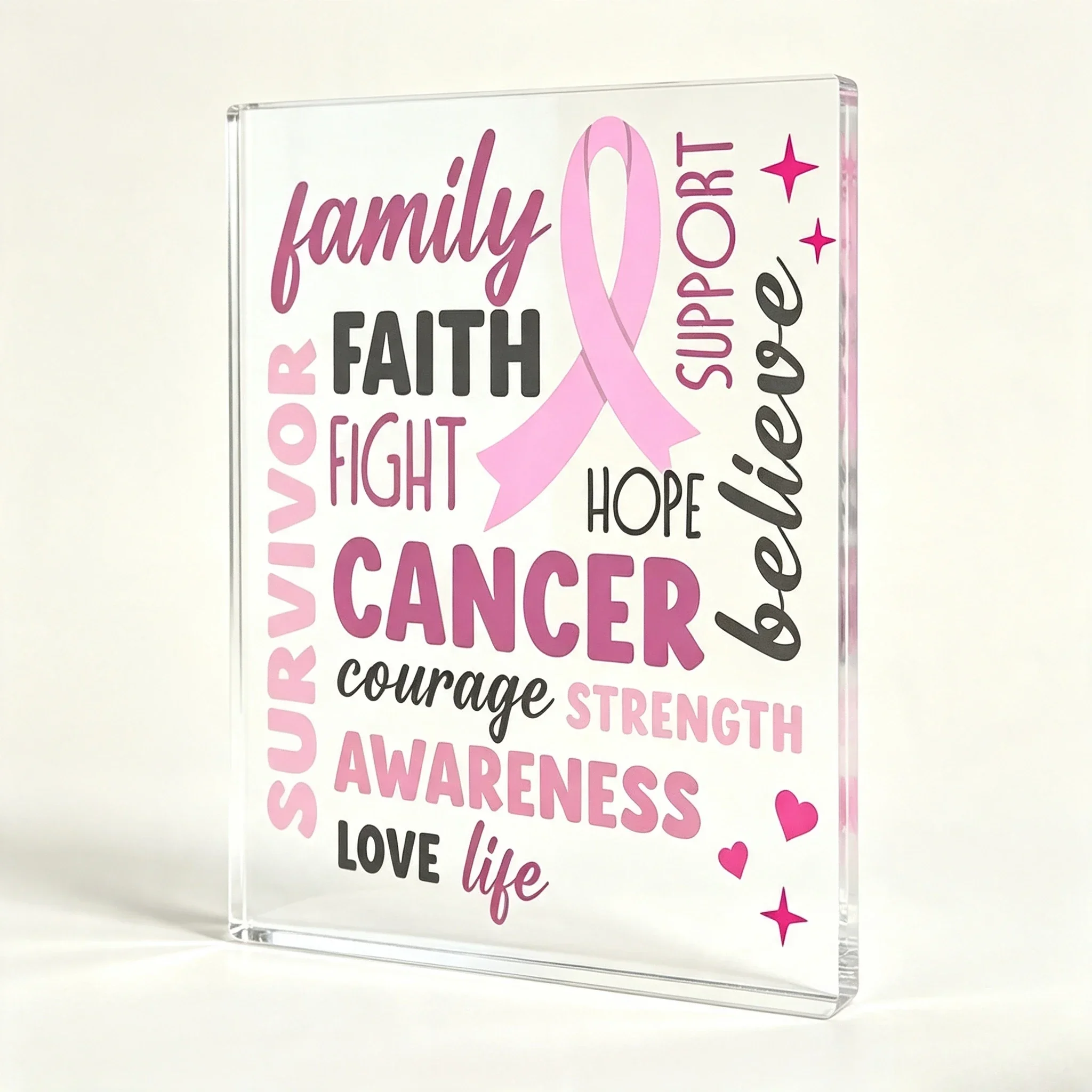 Inspirational Strength Courage Pink Ribbon Acrylic Block Home Decor,Pink Ribbon Breast Cancer Awareness Acrylic Block Plaque Tabletop Decor