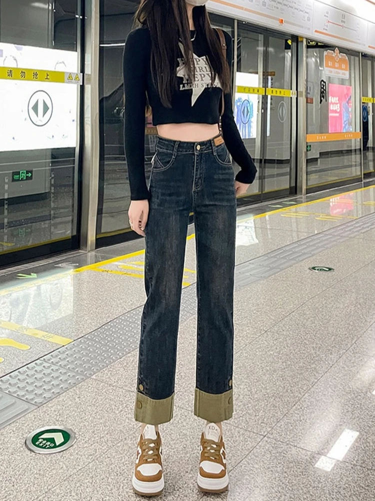 2025 autumn new high waisted slim fit eight cropped pants women solid color side hem button decoration versatile jeans