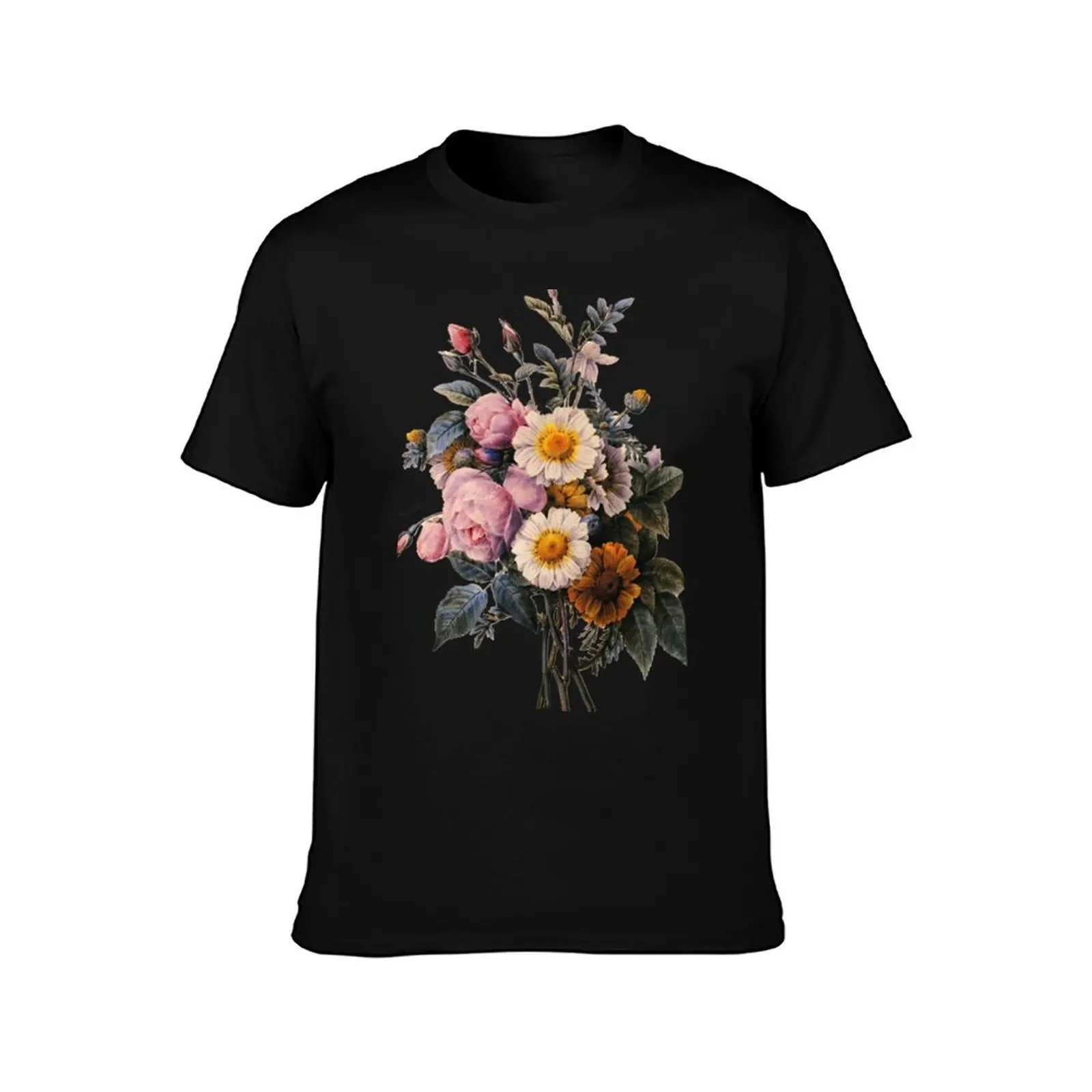 vintage botanical art, beautiful yellow daisy and pink rose flowers. T-Shirt Street Art Print Tee Shirt T-Shirt
