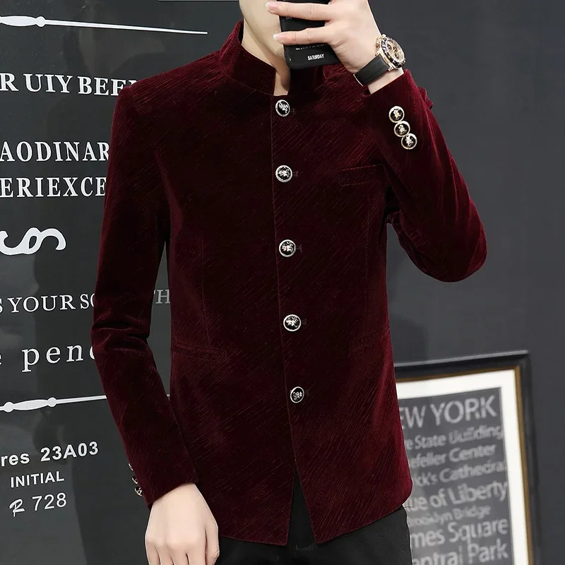 HOO 2024 Men New Style Gloss Twill Gold Velvet BLAZER Youth Stand Collar Single Breasted BLAZER