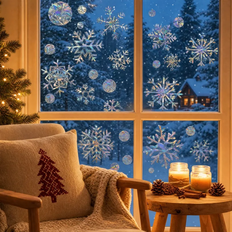 Snowflakes Pattern Sun Catcher Stickers, Rainbow Prisms PVC Electrostatic Window Glass Decals for Christmas Home Decoration
