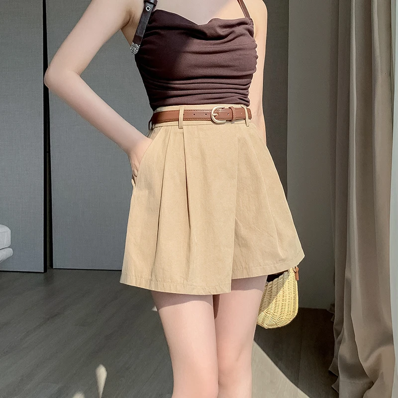 New 2023 Summer Skirt Shorts For Women Fashion Streetwear Y2K A-Line Short Pants Femme Belt Pleated Loose Wide Leg Ladies Shorts