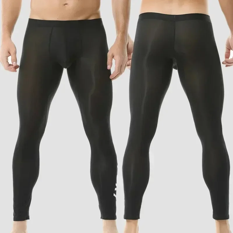 Men's Ultra-Thin High Elasticity Fitness Yoga Pants Ice Silk Semi-Transparent Running Nine-Point Sport Base Layer Leggings