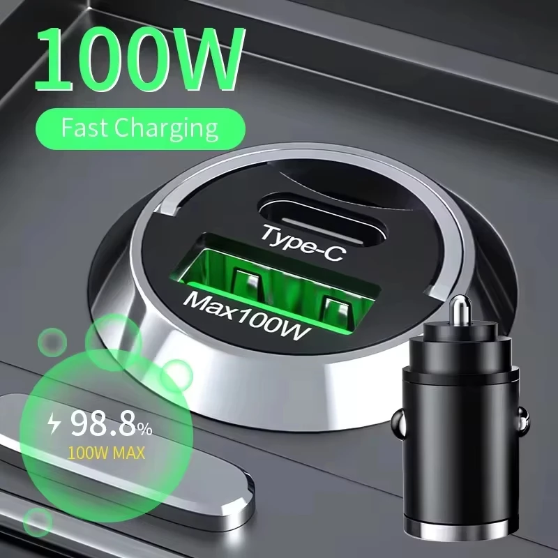 100W Mini Car Charger Fast Charging For iPhone 18 17 QC3.0 Mini PD USB Type C Car Mobile Phone Charger For Xiaomi Samsung Huawei