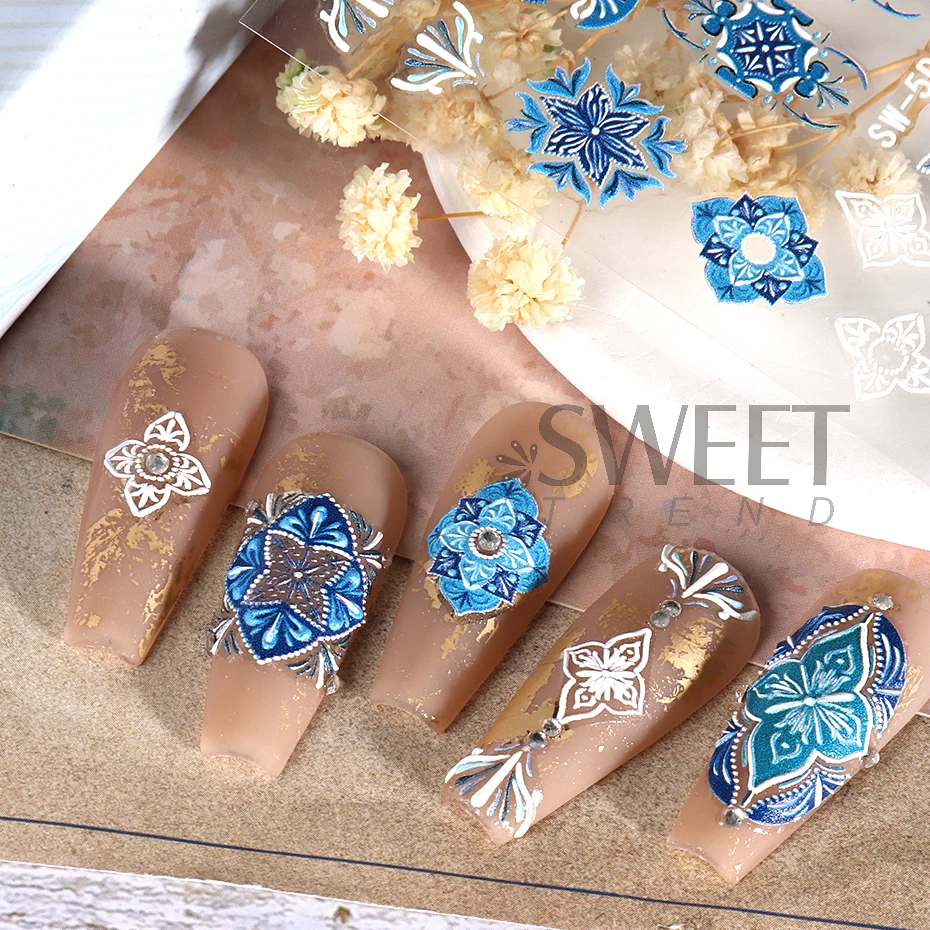 5D Acrylic Bohemia Flowers Nail Embossed Sticker Brown Filigree Lace Tribe Design Adhesive Decal Charms Textured Decoration SASW