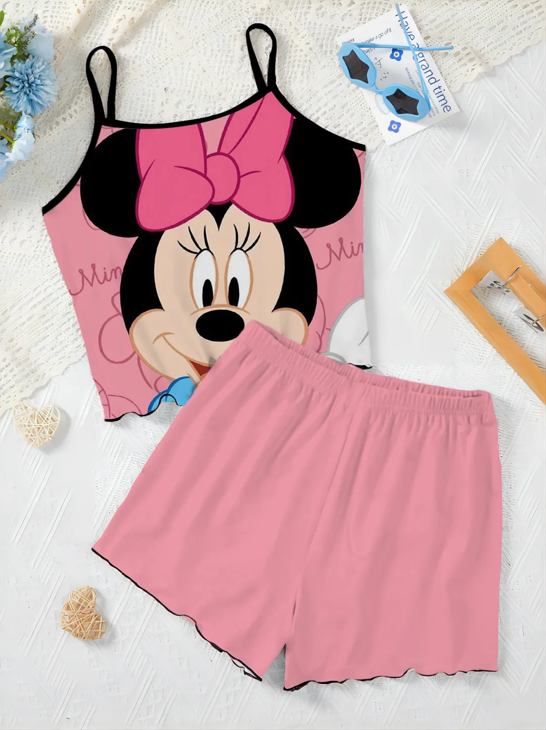 Home Dress Top Short Sets for Women 2 Pieces Disney Mickey Lettuce Trim T-shirt Women's Suit Pajama Skirt Elegant Disney Mickey