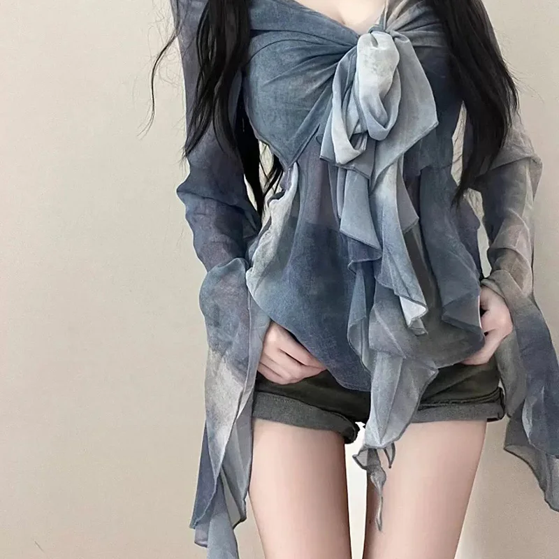 

Fashion V-Neck Tie Dye Flare Sleeve Sleeve Irregular Blouse Female Clothing 2024 Summer New Chic Tops Asymmetrical Shirt