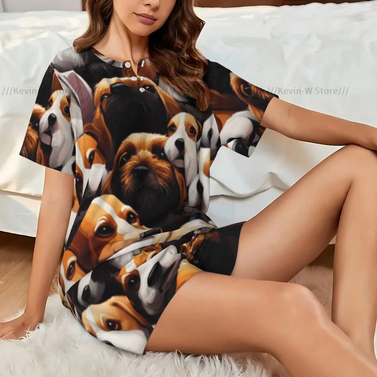 

Two piece women's pajama round neck short sleeved T-shirt Cute Dogs casual home pajama set