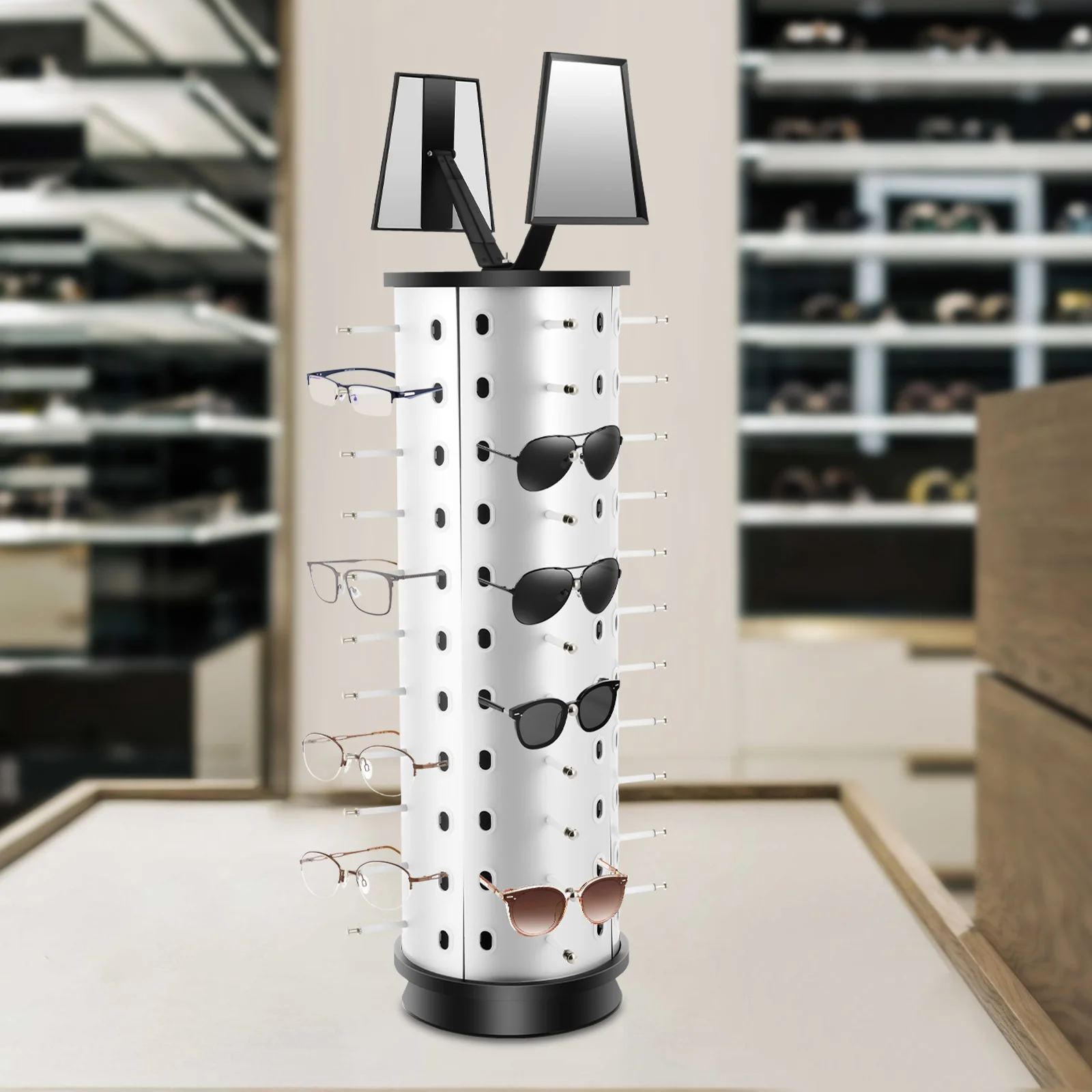 360° Rotating Eyeglasses Display Stand with 44 Holes & 2 Adjustable Mirrors, Floor Mount Optical Store Rack for Sunglasses - view 4