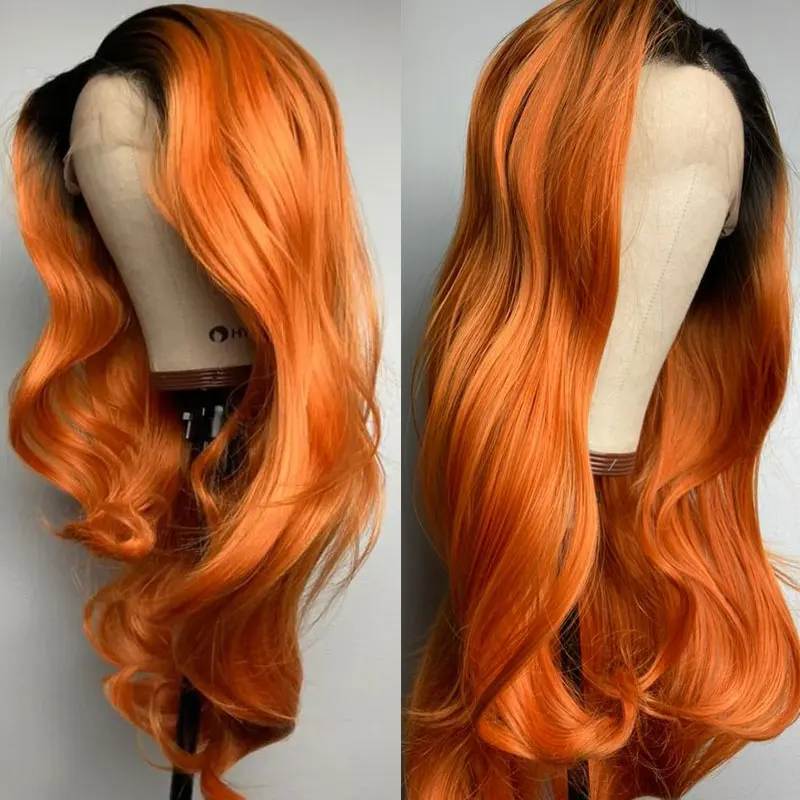 Ombre Orange Natürliche Welle Haar Perücke Synthetische 13x4 Spitze Front Perücken Hohe Qualität Hitzebeständige Faser Haar Kostenloser scheitel Für Frauen