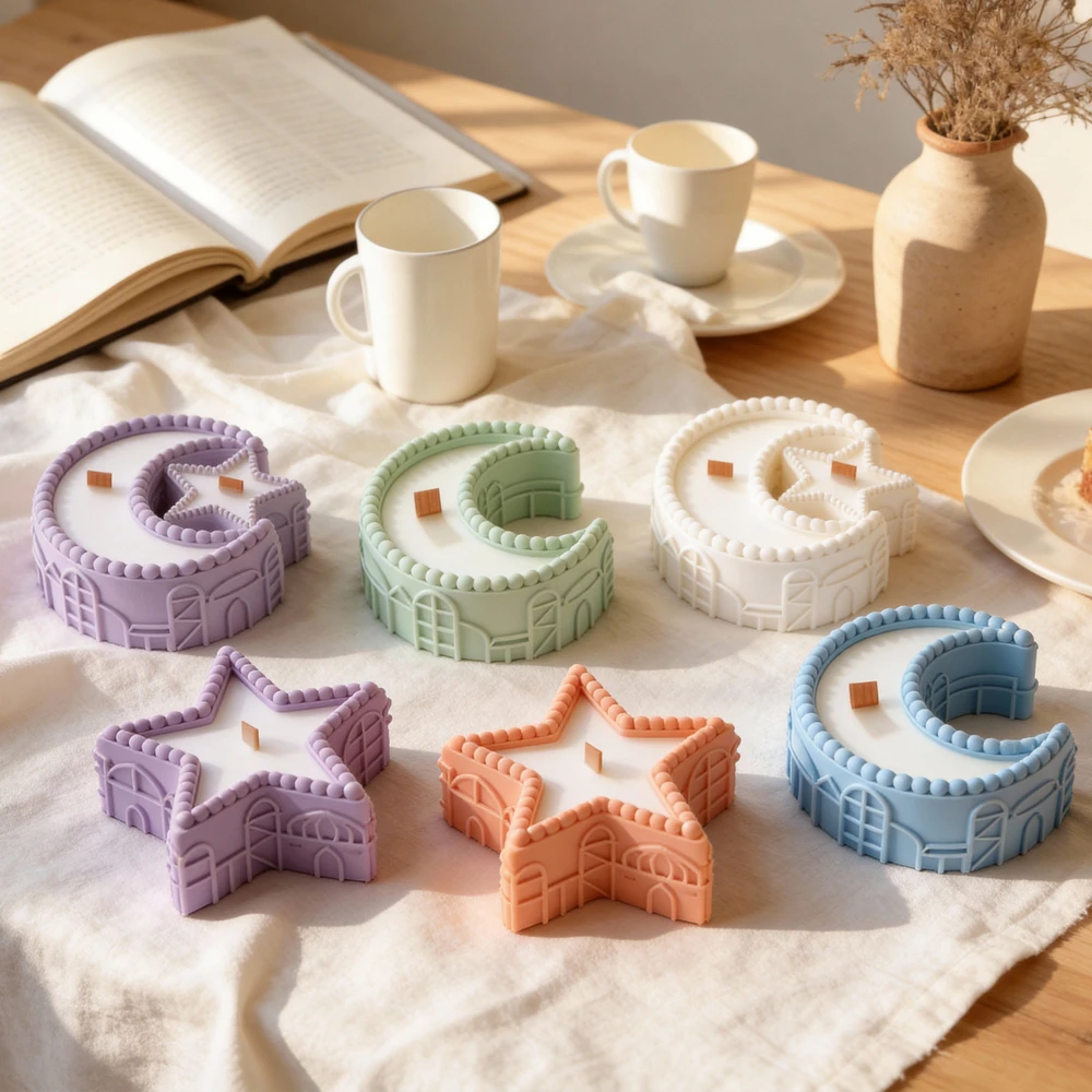 

Силиконовая форма для подсвечника/подставки для свечей из смолы/гипса/бетона в форме звезды и луны, для хранения, с надписью «Ид Рамадан Мубарак»