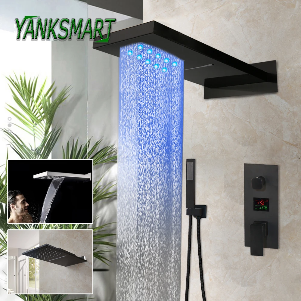 

YANKSMART LED Rainfall & Waterfall Bathroom Shower Faucet Temperature Digital Display Screen Three Control Valve Mixer Water Tap