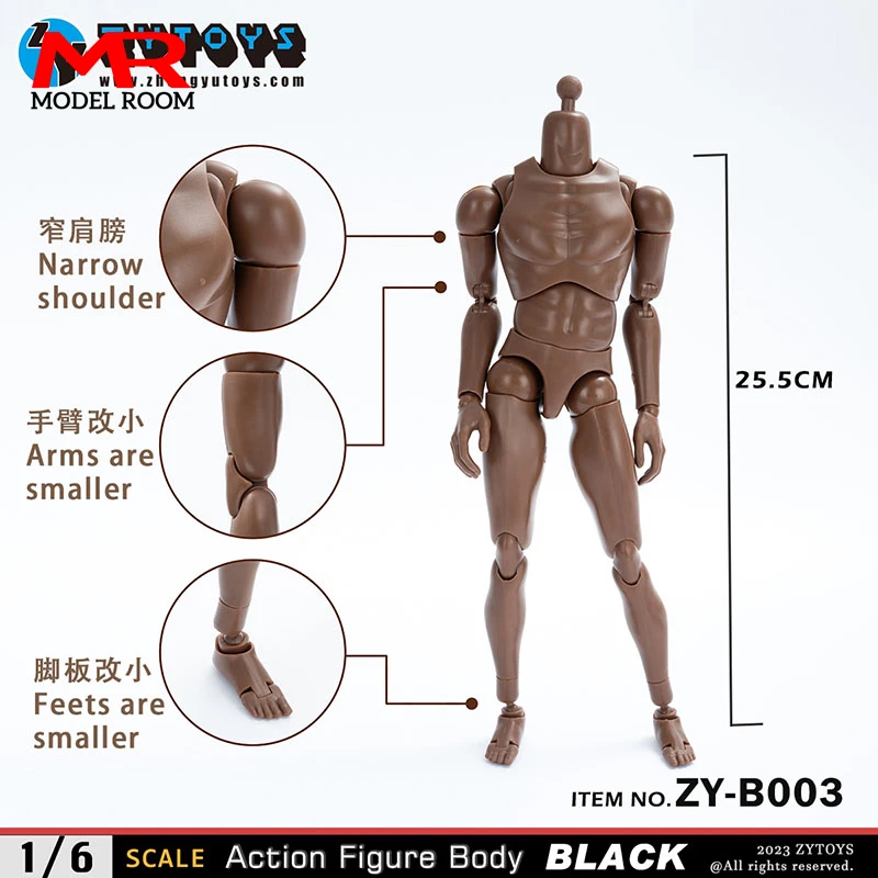 ZYTOYS ZY-B001 B002 B003 B004 1/6 Male Wheat Black Joint Body 25.5cm Male Soldier Narrow Wide Shoulder Flexible Action Figure