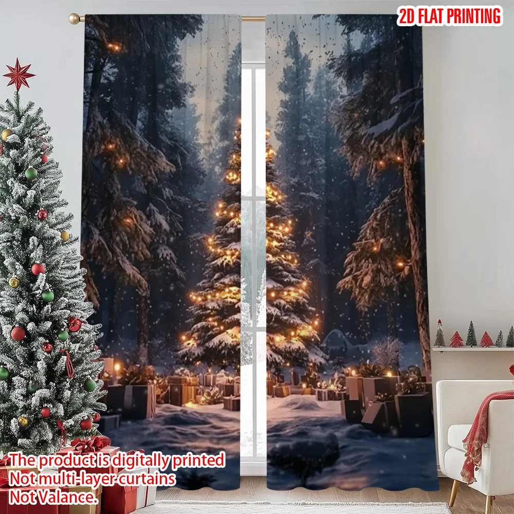 

2pcs 2D flat printing Merry Christmas Curtains christmas trees6 100% Polyester Without Electricity Family Party Perfect for