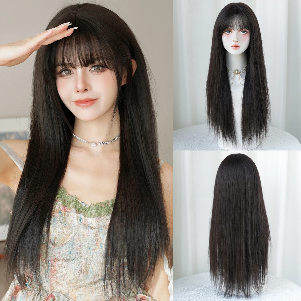 7JHH WIGS Lange, glatte, dunkelbraune Perücke für Damen, hochwertige, hitzebeständige Kunsthaarperücke für den Alltag mit ordentlichem Pony