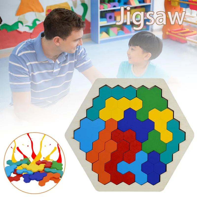 【In Stock】Kids Wooden Hexagon Puzzle Shape Pattern Block Educational Intelligence Games Toys for Children Boys Girls Birthday Ch