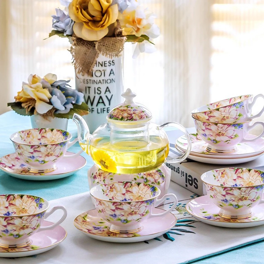 Glass Flower Tea Set Ceramic Red Tea Pot And Cup saucer ombination Afternoon Teaware Set Heatable Tea pot Household Decor