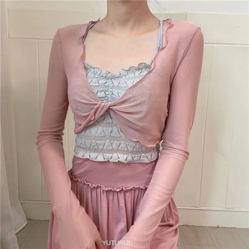 Fairy Wind Wood Ear Mesh Mask Shirt Twisted Cross Perspective Sunscreen Short Air Conditioner Lazy Coat Ballet Cropped Cardigan