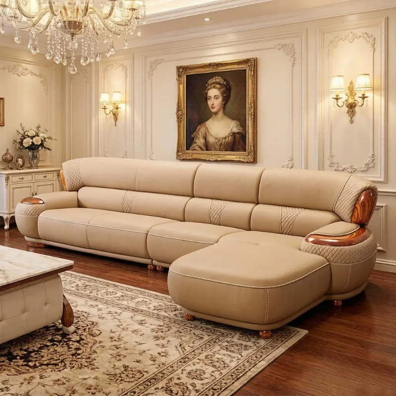 New Chinese-style Living Room Leather Sofa Set High-end Villa Solid Wood Living Room European-style Sofa Set Furniture