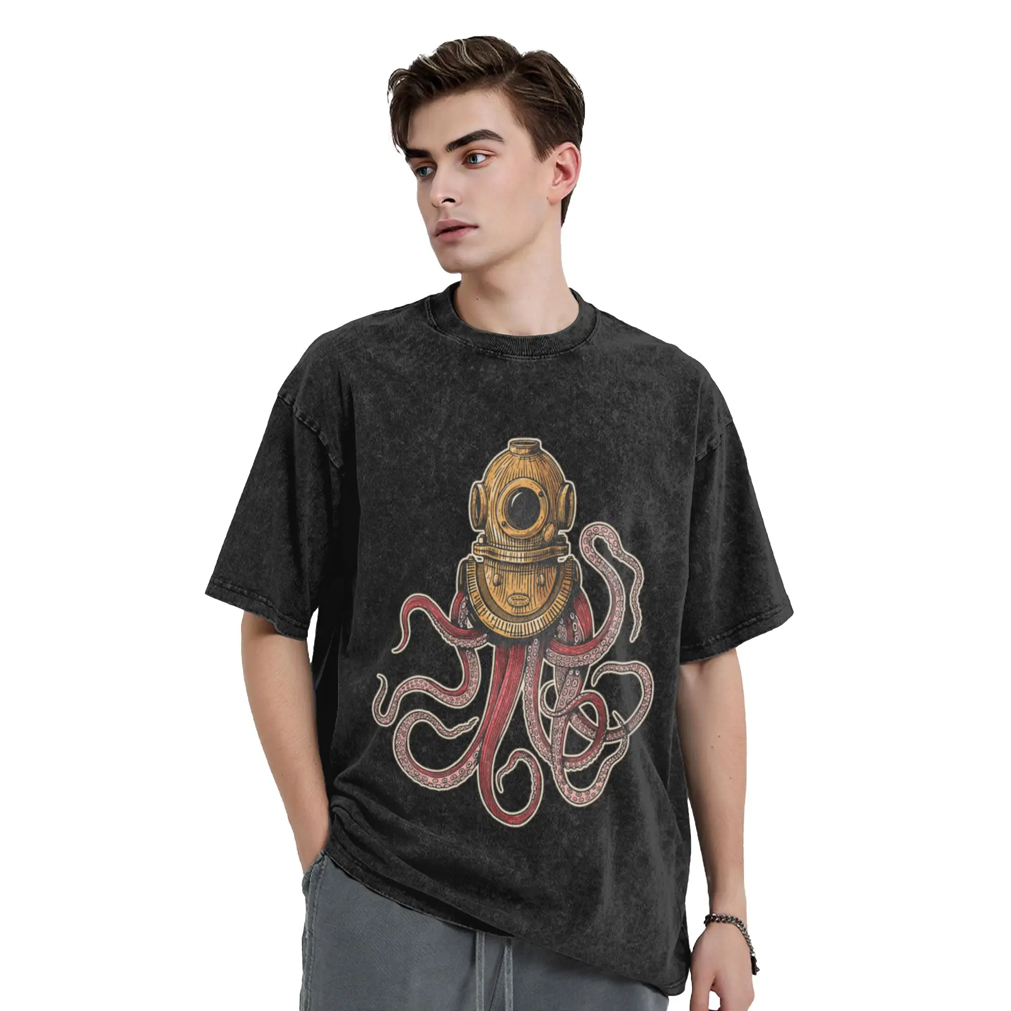 Octopus in a divers helmet  Unique Cool A T-Shirt Oversized Short Sleeve Men's Women's Cotton Tees Tops