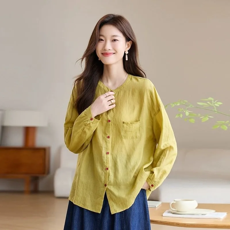 Women Vintage Linen Blend Shirt Spring Autumn Loose Round Neck Casual Long Sleeve Blouse