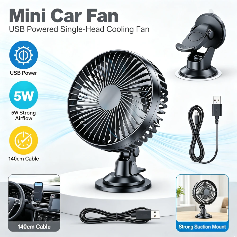USB Car Dashboard Cooling Fan 360 Degree All-Round with Suction Cup Car Air Fan Mini Car Air Cooling Fan for Car Truck SUV RV