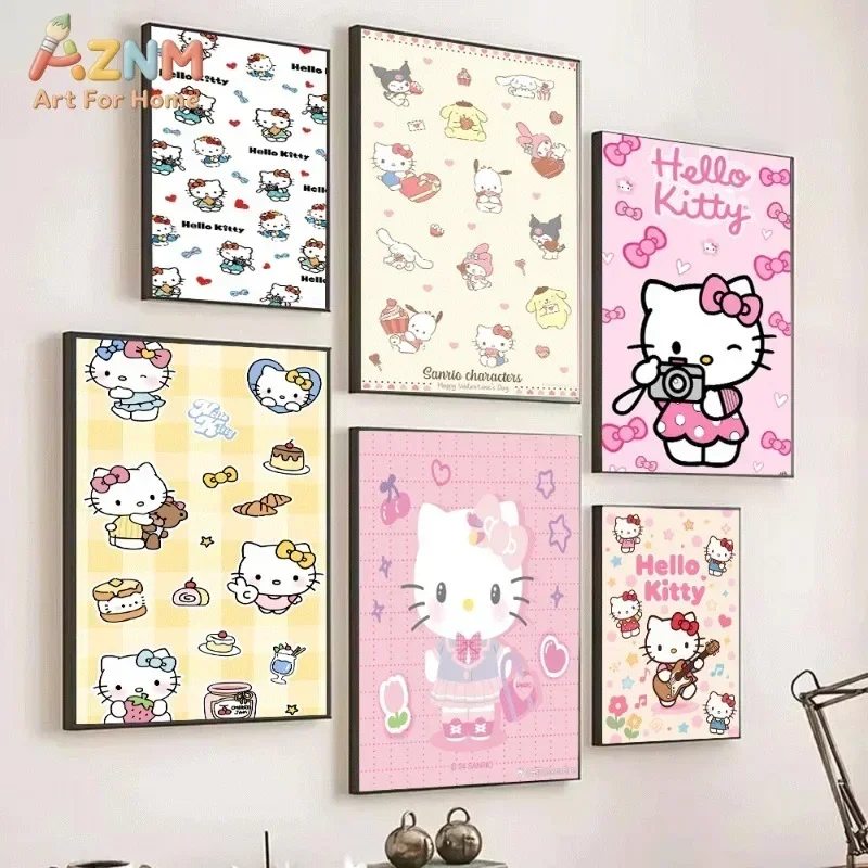 Hello Kitty Canvas Poster Cute Sanrio Cartoon Print Unframed Canvas Art Camera Butterfly Heart Sweet Kawaii Aesthetic Wall De