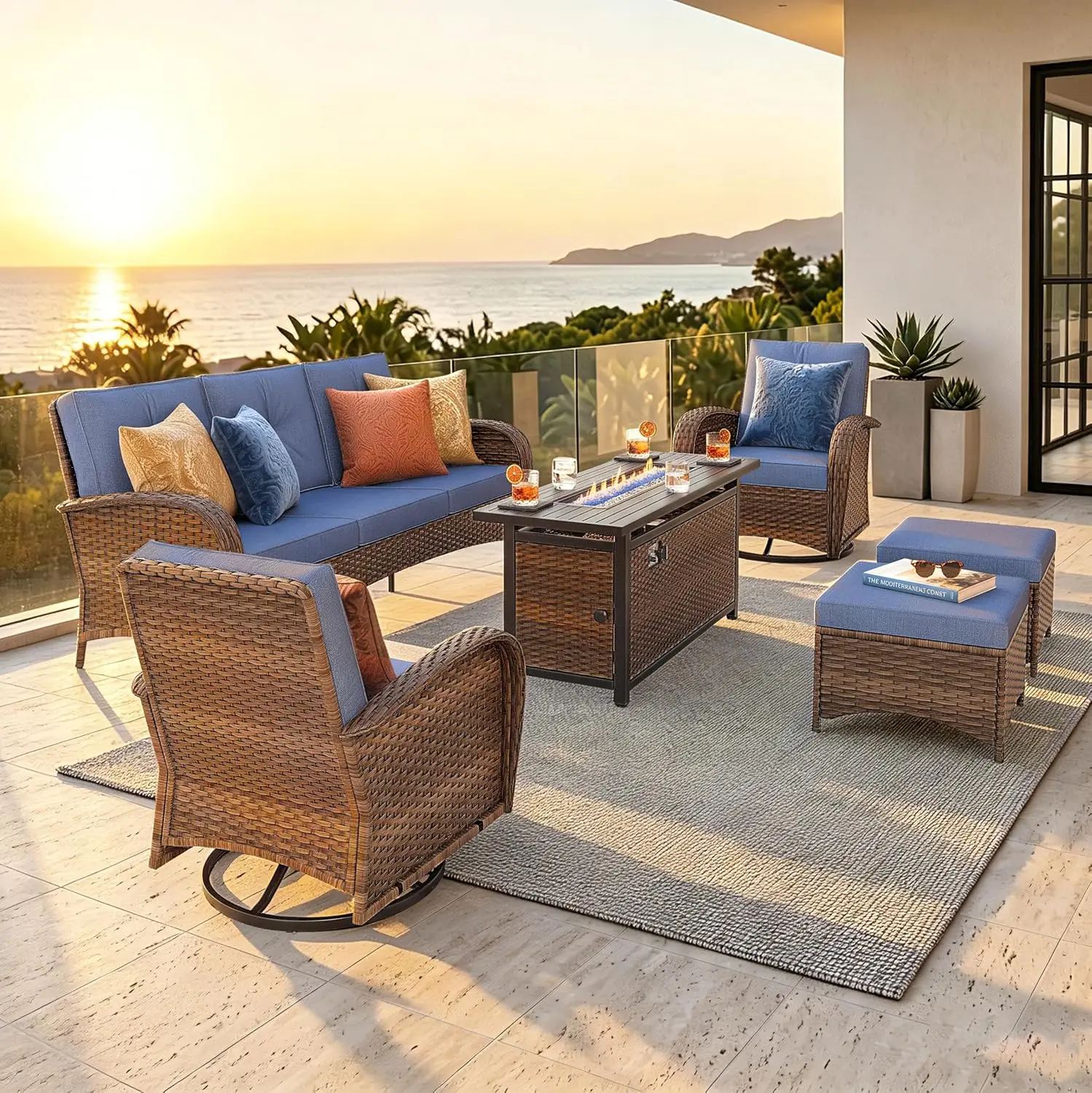 Wicker Outdoor Patio Furniture Set with Fire Pit Table, Navy Blue