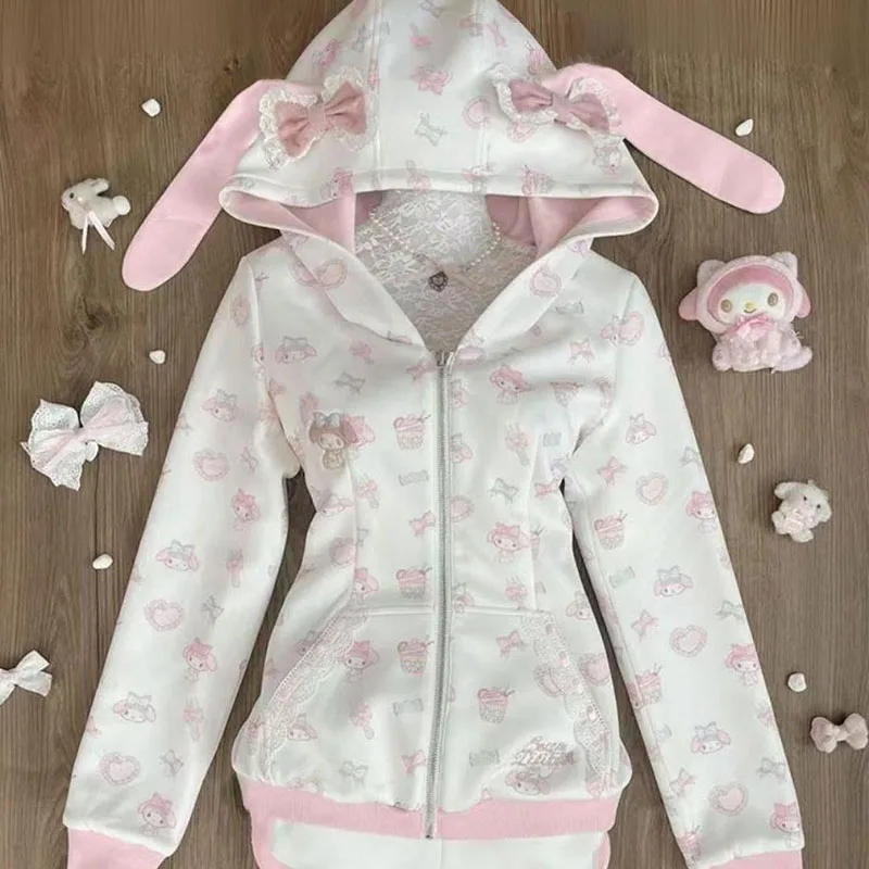 

Симпатичные пальто My Melody для девочек, кавайные толстовки с капюшоном и кроличьими ушками, осенне-зимняя женская куртка на молнии, тонкая верхняя одежда на талии