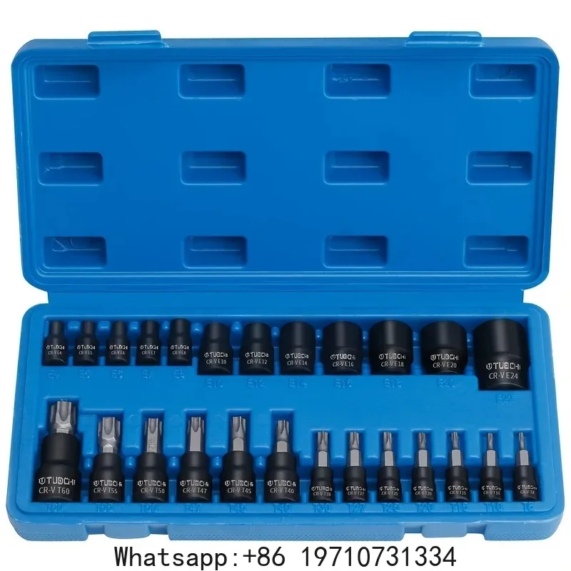 25Pcs Torx Bit & Socket Set, 13 Star Bits (T8- T60) & 12 E-Torx Sockets (E4-E22), Professional Auto & Motorcycle Mechanic Set