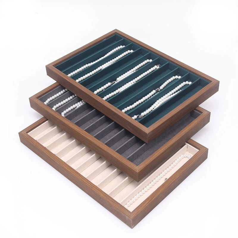 

Fashion Wood Jewelry Display Tray Large Capacity Pearl Necklace Bracelet Long Chain Storage Plate Counter Window Showcase Props