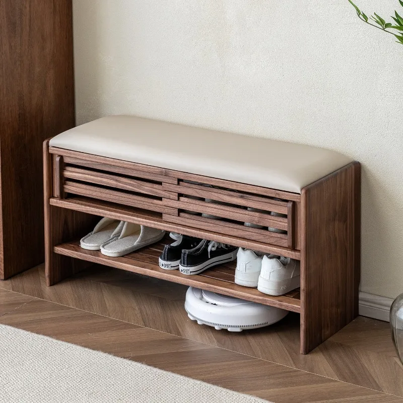 Home Solid wood shoe changing stool at the door of the home Nordic black walnut enters the door, shoe rack can sit, shoe stool e