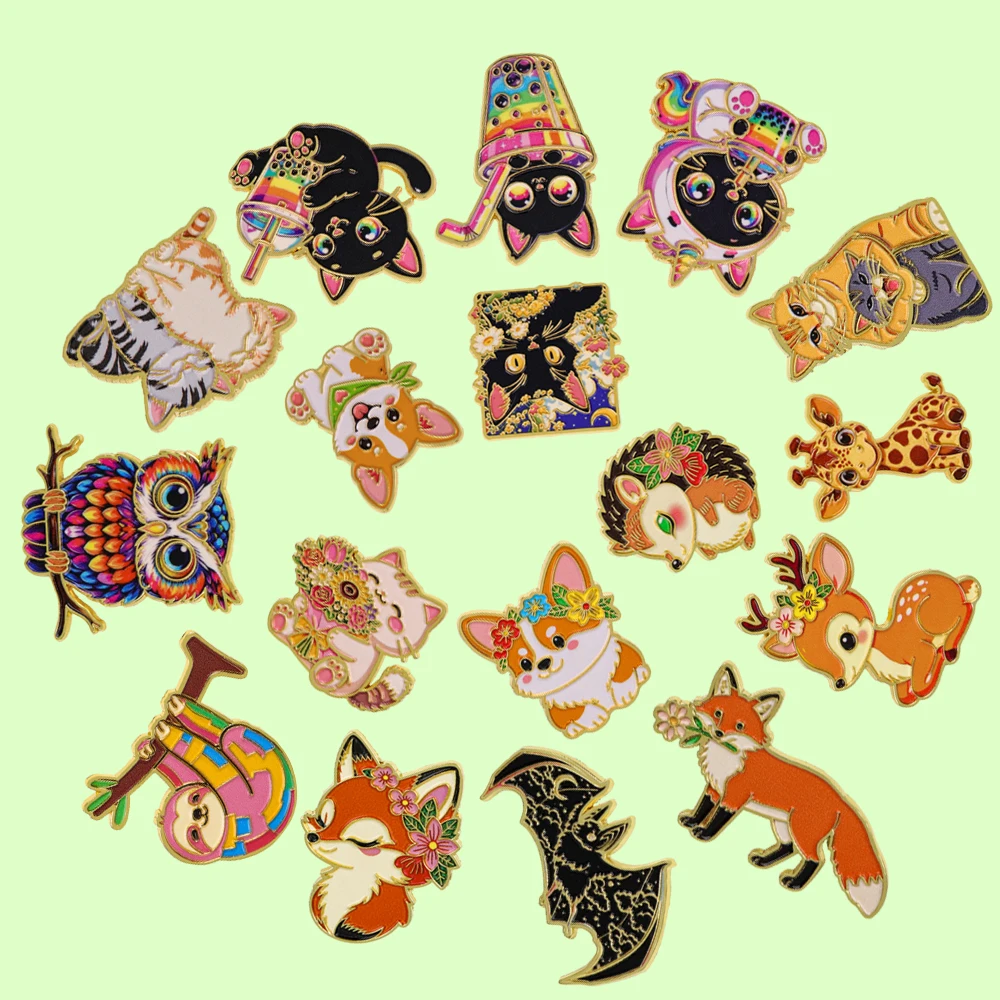 Cute Cat Enamel Lapel Pin Kawaii Floral Rainbow Brooch Cartoon Pet Animal Metal Badge Accessory For Cat Lovers Backpack Decor
