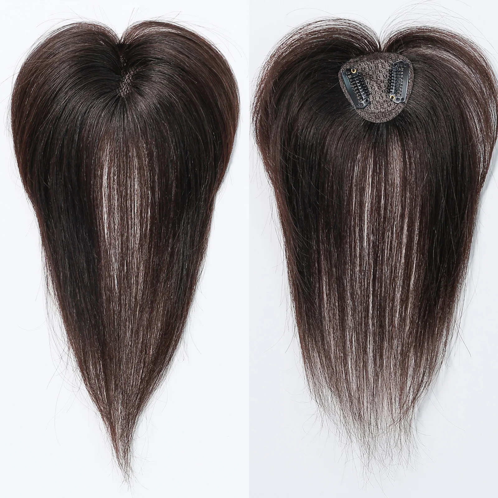Brown Natural Human Hair Topper 2 Clips in Hair Extension with Air Bangs 100% Real Human Hair for Women Daily with Loss Hair Use
