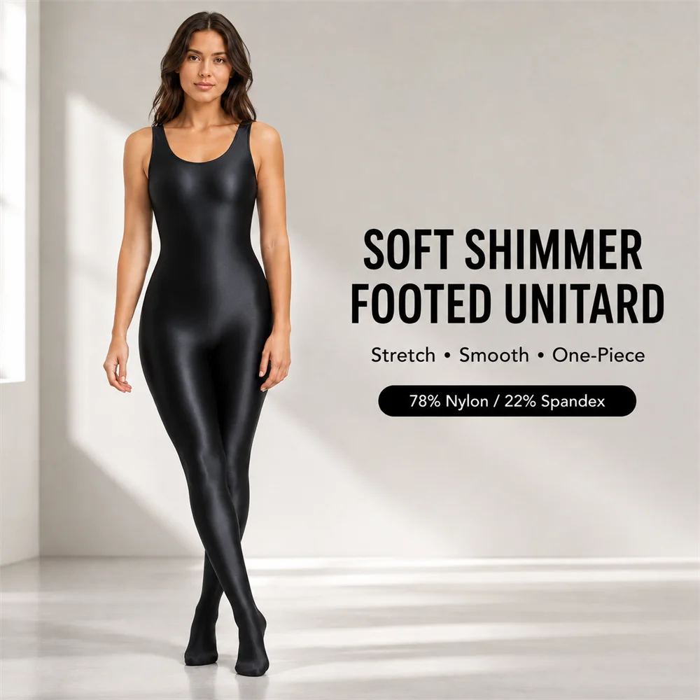Women's Shiny Nylon Spandex Footed Unitard Sleeveless Full Body Bodysuit Silky Stretch Dancewear for Ballet Gymnastics