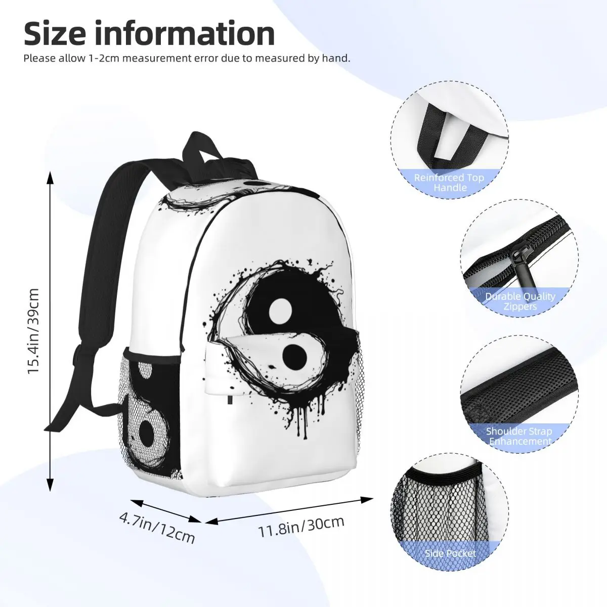 Chinese Yin Yang Graffiti Print Backpack Daypack Large Capacity Boys Girls BookBag Shoulder Bags for Men Women Kids School Bag