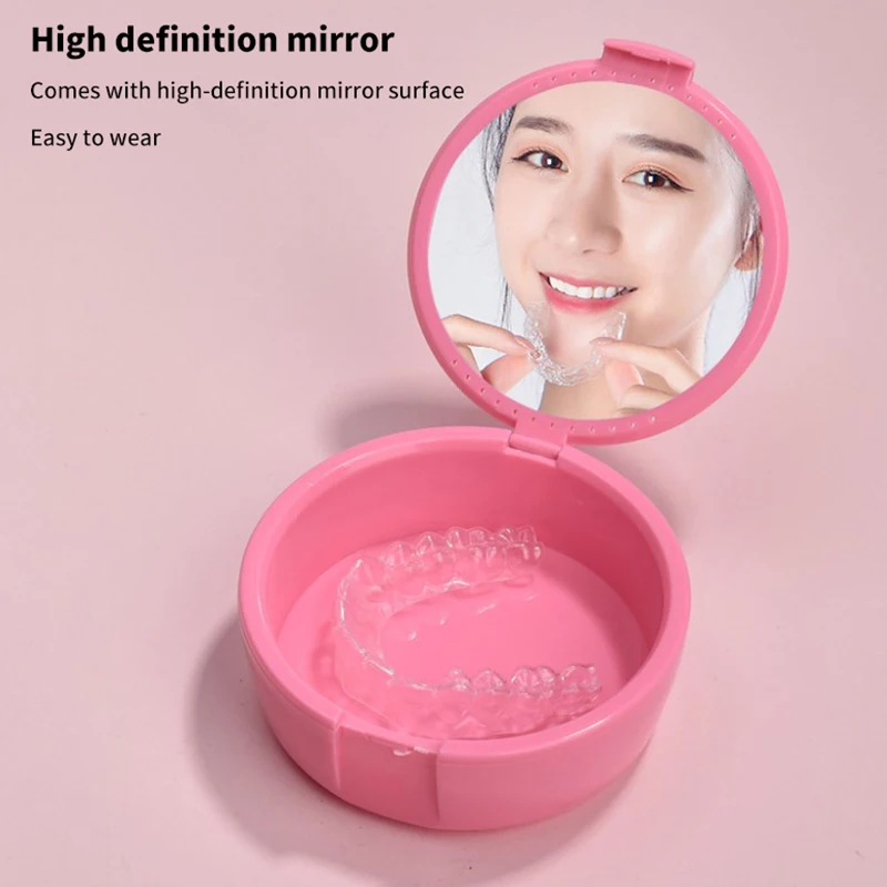 صندوق تخزين طقم الأسنان دائري مع مرآة صندوق نظافة الأسنان لتقويم الأسنان حاوية حماية الفم العناية بأطقم الأسنان