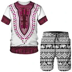 Conjunto con estampado 3D africano para hombre, traje Dashiki informal de verano, camisetas de estilo Vintage y pantalones cortos, ropa tradicional, chándal Masculino