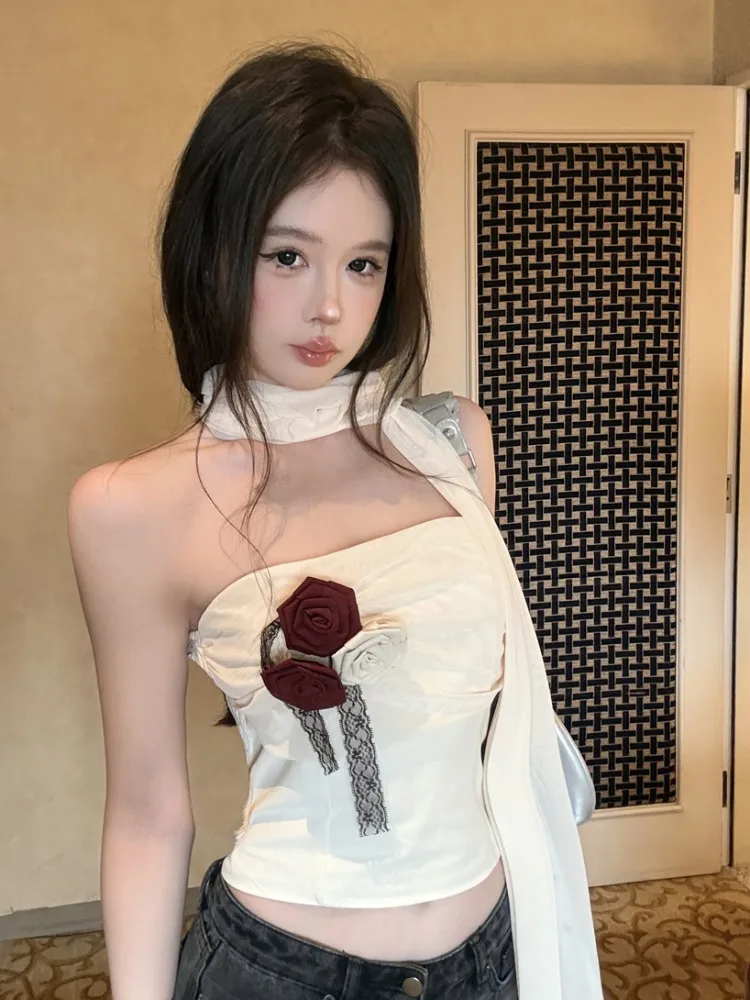 

Pure Desire Spicy Girl 3D Flower Tube Top Vest Women's Design Sensation Net Gauze Slimming Short Shirt Korean Style Commute Wind
