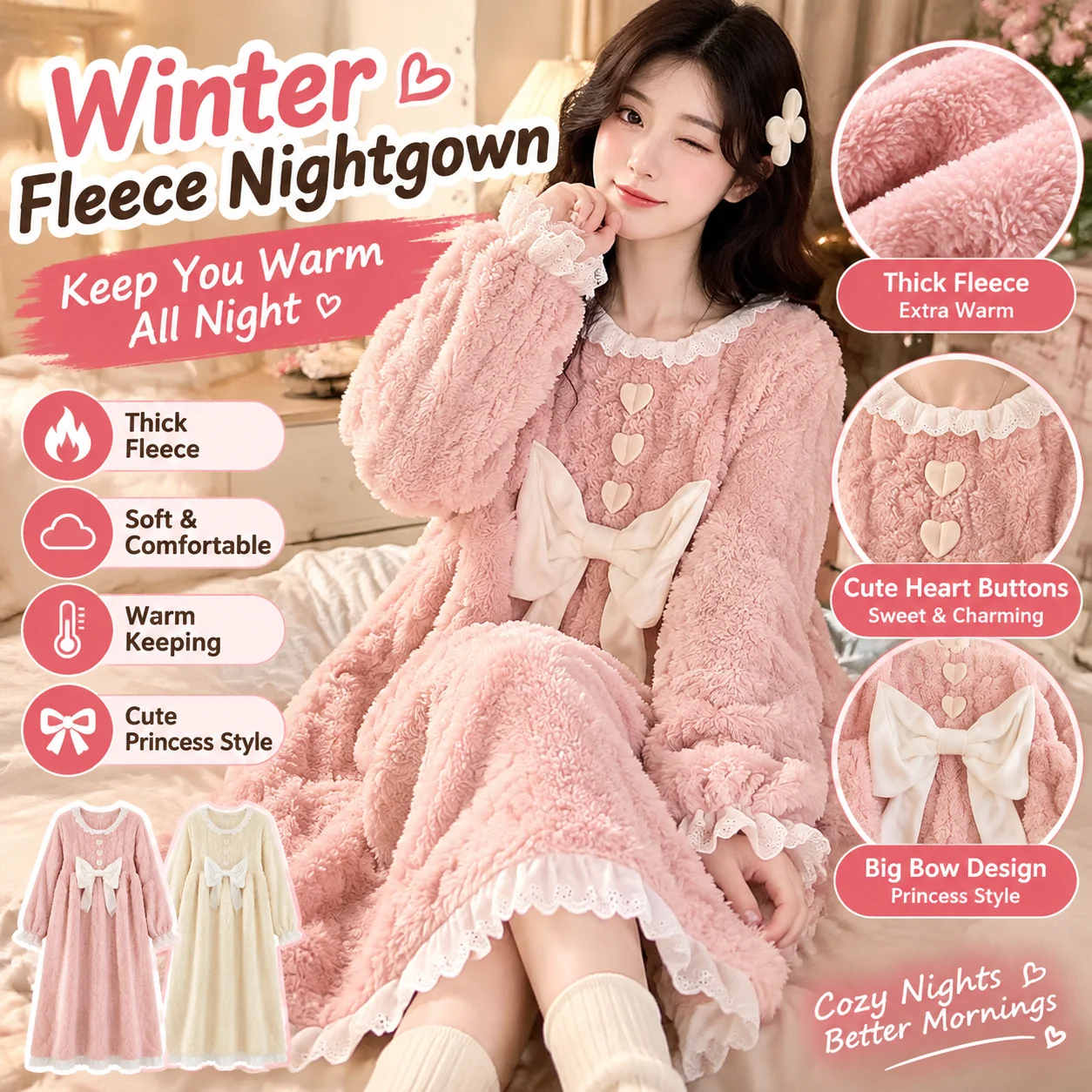 Winter Women Sleep Dress Thickened Coral Princess Style Bow Long Sleeve Warm Over Knee Homewear Autumn Pajama