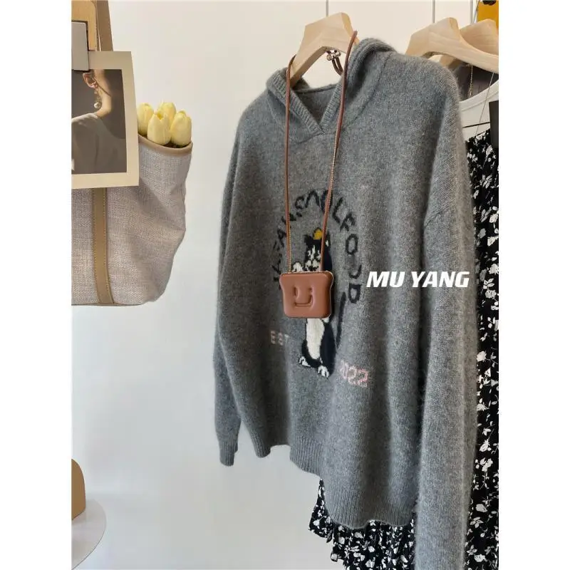 New Cartoon Raccoon Hooded Pullover for Autumn and Winter, Loose and Versatile Sweater, Women's Outerwear Knit Sweater Tops