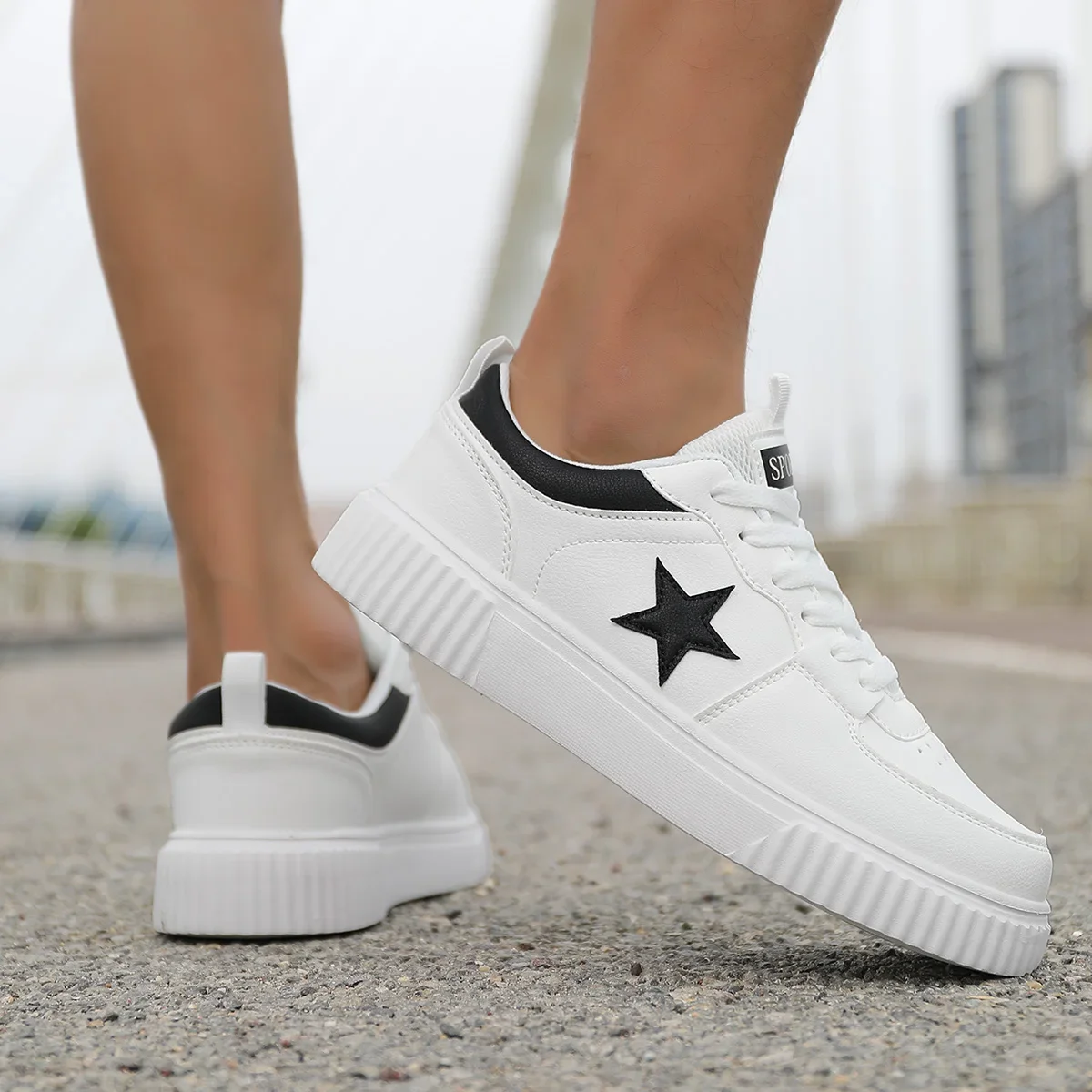 Men Women Board Sneakers Flat Shoes Lace Up Female Outdoor Luxury PU Leather Thick Sole White Walking Fashion Casual Shoes