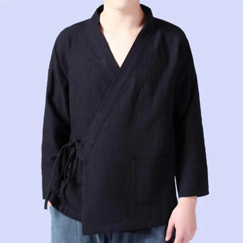 Plus Size M-6XL Pure Color Men\'s Tops 2024 New Cotton Linen Oblique Placket Long Sleeve Linen Hanfu chinese Clothing  Kimono