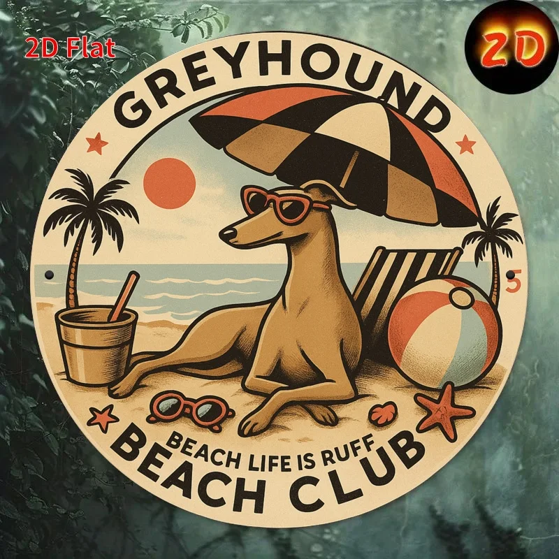 1 Stück Windhund Beach Club Metallschild – 7,8 Zoll runde, langlebige Wandkunst für drinnen und draußen mit Windhund, Strandschirm und Palme