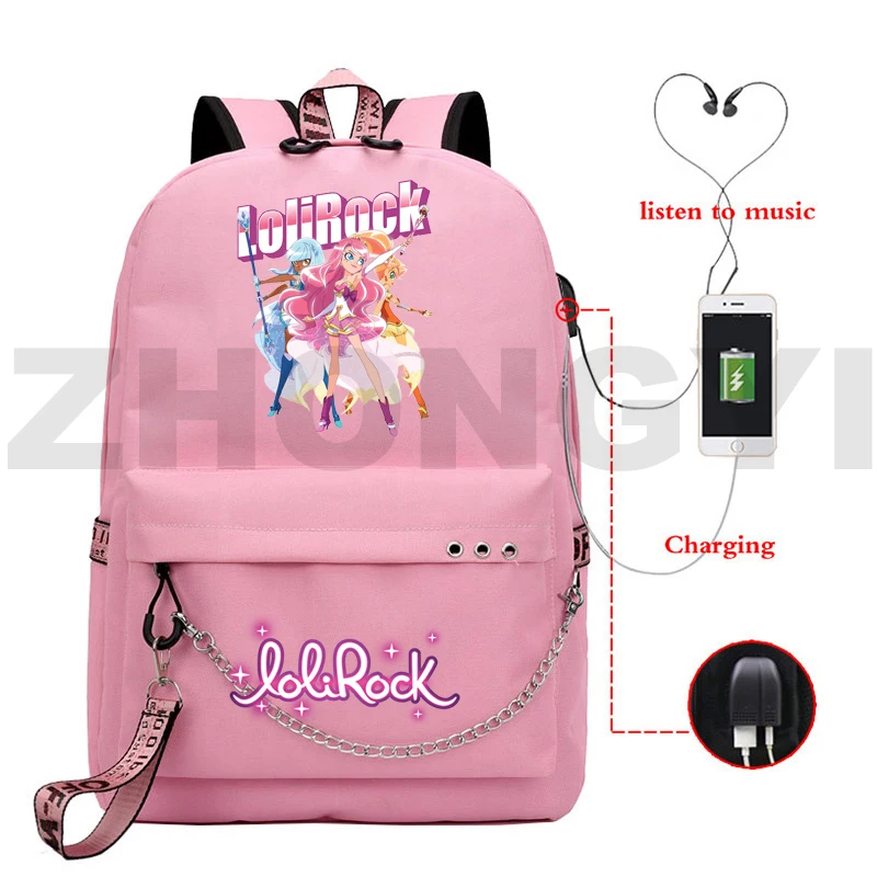 

New Lolirock Backpack School Bag Cartoon Anime USB Rucksack Chain Leisure LoliRockstar Backpack Women Travel Bag Teenagers